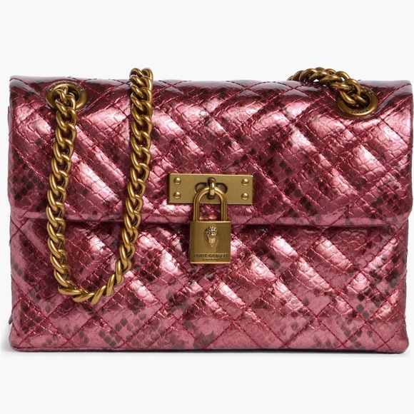 🌸 NWT Kurt Geiger Metallic Pink Quilted Shoulder Bag w/ Gold Chain & Lock - Picture 2 of 6